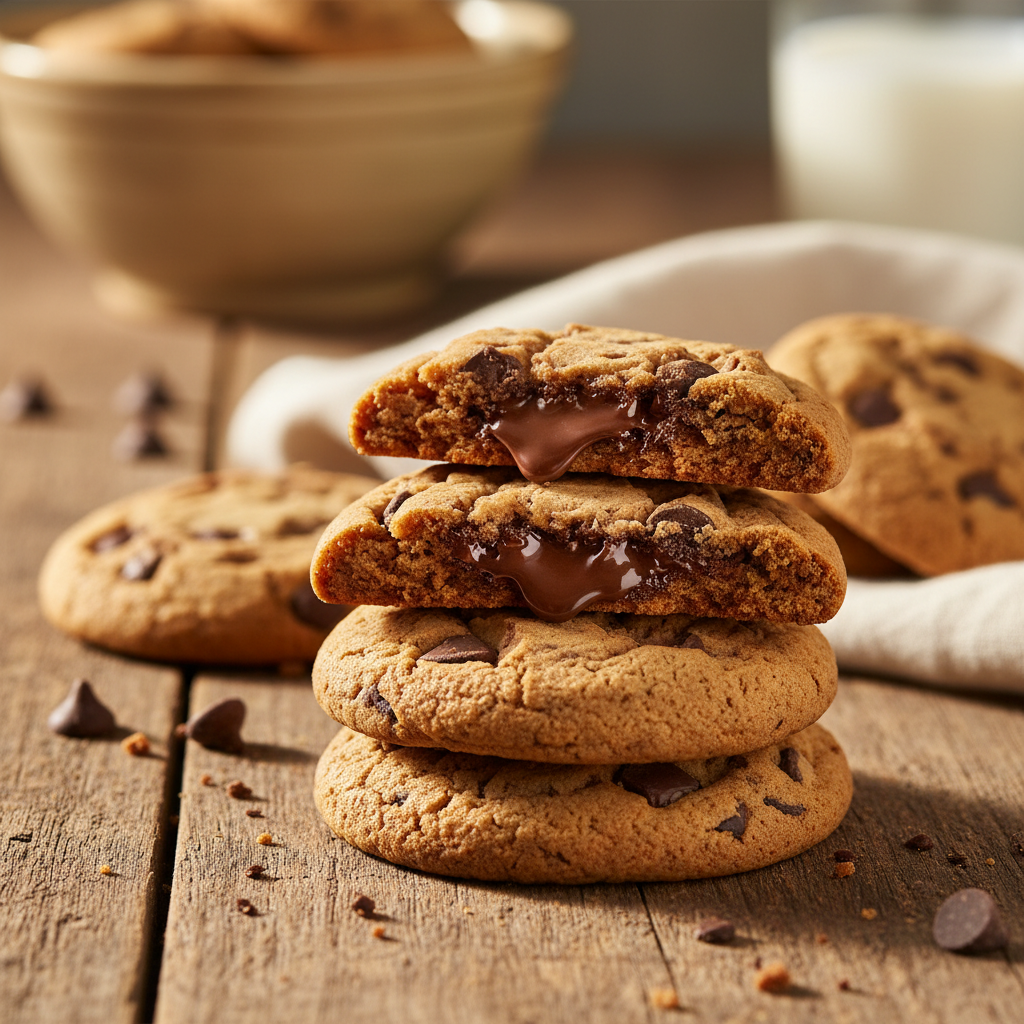 Classic chocolate chip cookies stacked on a rustic wooden surface, one broken open showing gooey melted chocolate chips